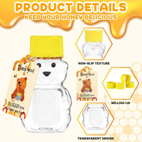 Funnymoom 96 Sets 2 oz 96 2 Plastic Honey Bear Bottle Bear Shape Clear Empty Honey Jar Tags Rolls Jute Rope Honey