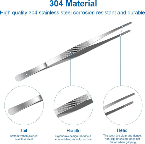 AHIER 12inch Stainless Steel Kitchen Tweezer, Long with Precision Serrated Tips for Cooking