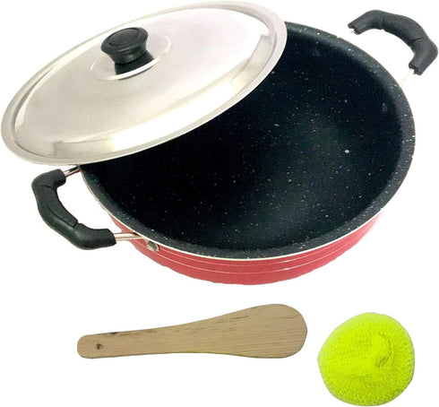 Non Stick Kadai with Stainless Steel Lid Deep Fry Kadai Non-Stick Cookware Cooking Pan Stir Fry Pan Multipurpose Pan Aluminium Kadai All Purpose Pan (2 Litres) Pan Diameter 8.5 Inch by DBY