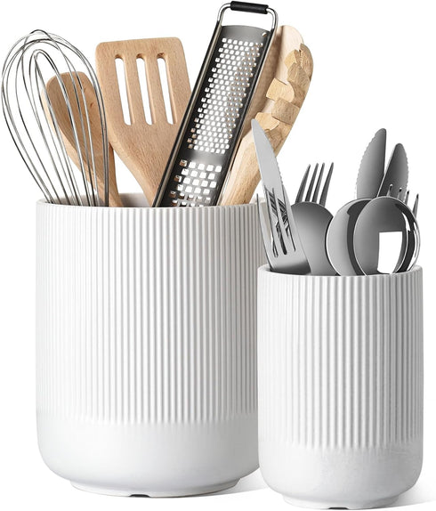 LE TAUCI Utensil Holder Set of 2, 7.3"+5.4" Ceramic Kitchen Crocks for Countertop, Modern Utensil Organizer, White