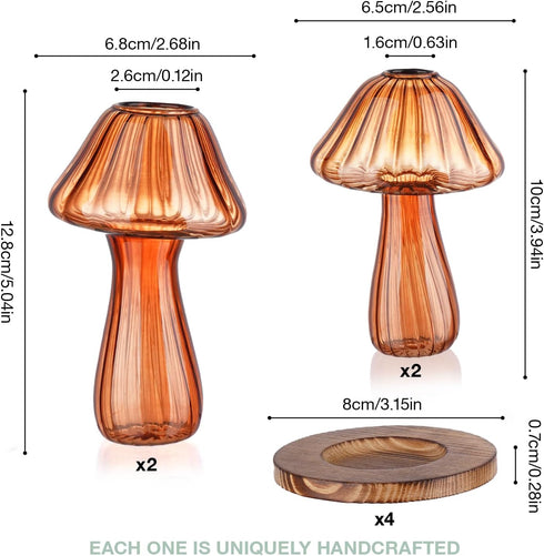 Set 4, NiHome Mushroom Glass Planter with Wooden Base of Cute Indoor Greenery Plant Propagation Stations,High