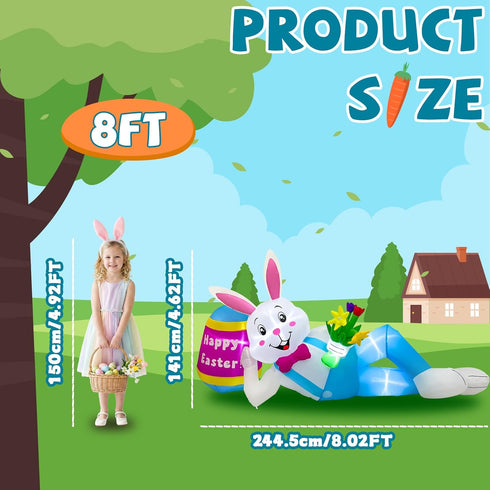 8FT OurWarm Easter Inflatables Outdoor Decorations, Lying Inflatable Easter Bunny Decor with Egg, Easter Blow Up Yard