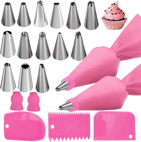 Reusable Silicone Icing Piping Bag with 14× Stainless Steel Nozzle Set for DIY Cake Decorating Tool (14×Nozzle, 2×Bag)