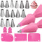Reusable Silicone Icing Piping Bag with 14× Stainless Steel Nozzle Set for DIY Cake Decorating Tool (14×Nozzle, 2×Bag)