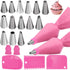 Reusable Silicone Icing Piping Bag with 14× Stainless Steel Nozzle Set for DIY Cake Decorating Tool (14×Nozzle, 2×Bag)
