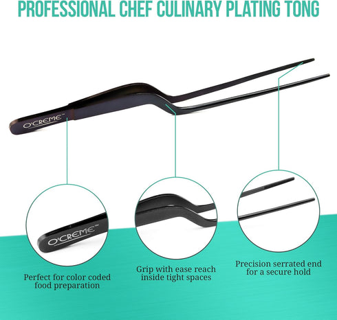 O'Creme Culinary Stainless Steel Tweezer Tongs Set of 2 - 10 Inch Straight & 8 Inch Offset (Silver)