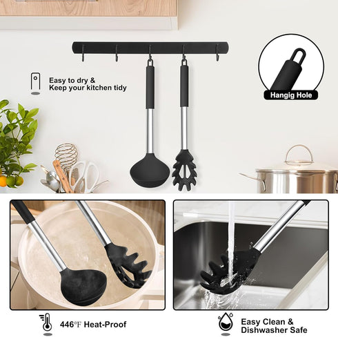 TeamFar Silicone Pasta Fork and Ladle Spoon Set, 2 Pcs Large Nonstick Kitchen Utensils with Stainless Steel Handle for