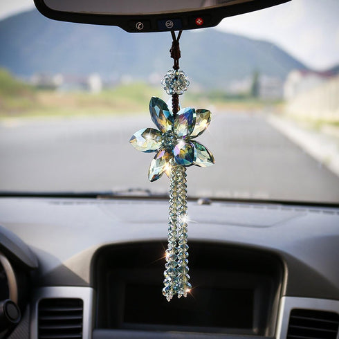 H&D HYALINE & DORA 11.4 Inch Crystal Color Flower Car Charms Pendants for Auto Rear View Mirror with Tassel