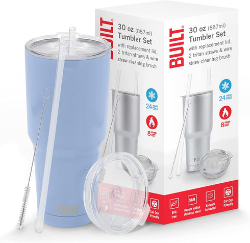 BUILT Double Walled Stainless Steel Tumbler Set with Replacement Lid, 30-ounces, 2 Reusable Tritan Wire Straw Cleaning