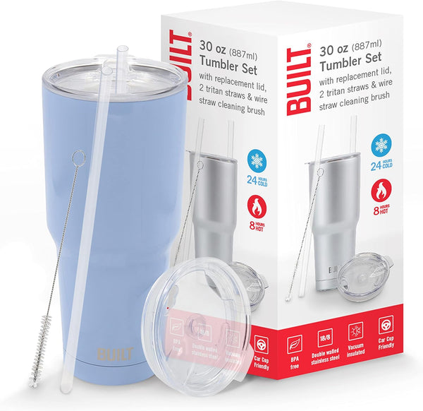 BUILT Double Walled Stainless Steel Tumbler Set with Replacement Lid, 30-ounces, 2 Reusable Tritan Wire Straw Cleaning
