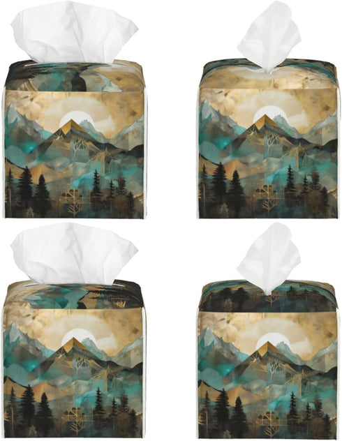 Square Tissue Holder for Vanity, Mountains Trees Landscape Sunrise Tissue Box Decor (5.2"x5.2"x5.2") for Home/Car/Office