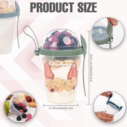 4 Pack 20 oz (4 Set 20 oz) On The Go Cereal Yogurt Cups with Lids and Spoon, Reusable Parfait Plastic Milk Breakfast
