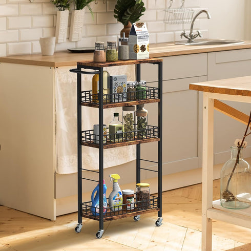 Slim Rolling Storage Cart, 4 Tier Kitchen Utility Cart with Wheels, Narrow Bathroom Shelving Unit, Brown