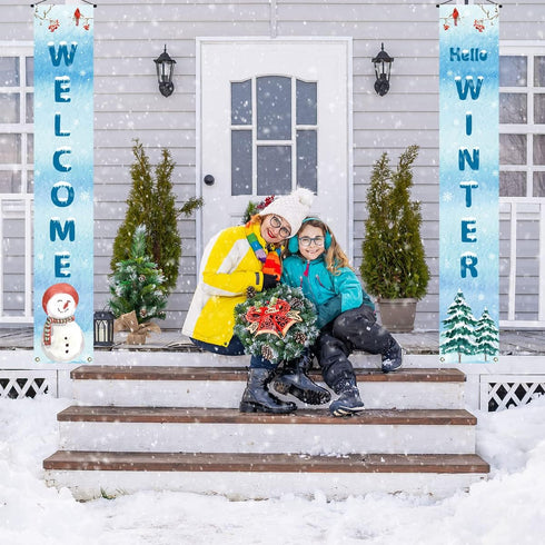 Welcome Hello Winter Porch Banner, Snowman Cardinal Christmas Holiday Front Door Sign Decoration