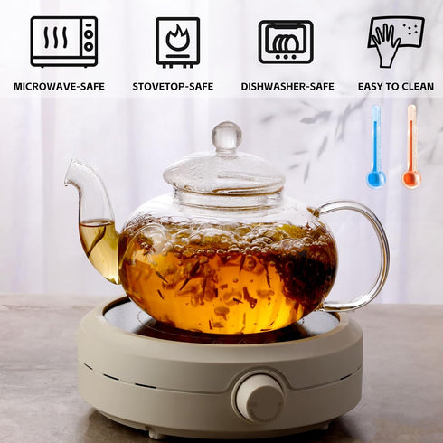 Set, 27OZ/800ML 6 Set Glass Teapot Stovetop Safe Glass Tea Kettle with Small Double Wall Tea Cups & Loose Tea Infuser