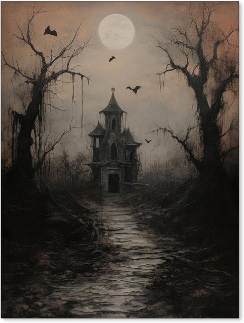 WBSTGUE Dark Academia Wall Art, Gothic Halloween Poster, Vintage Haunted House Canvas Prints, Unframed