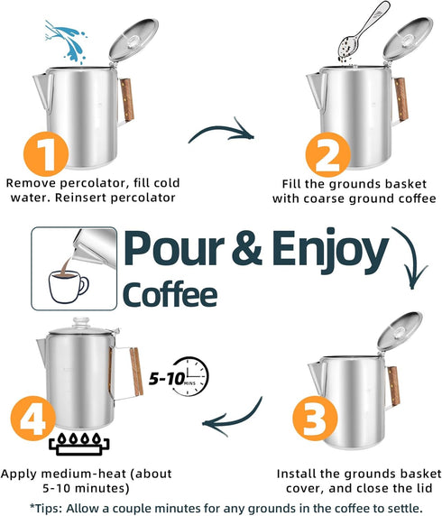MEREZA Camping Coffee Pot, Stovetop Percolator, Stainless Steel Coffee Pot for Camping, 9 Cup, Fast Brew