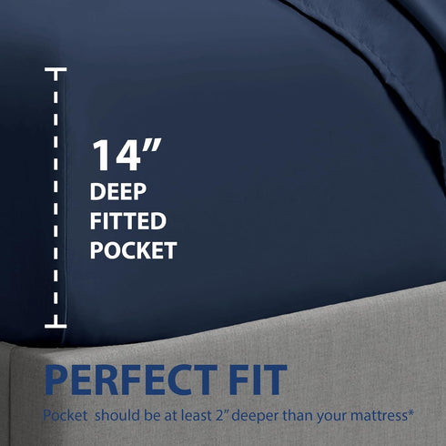 Cathay Home Luxury Wrinkle and Fade Resistant Microfiber Fitted Sheet, 14-inch Standard Pocket, Navy Blue, King