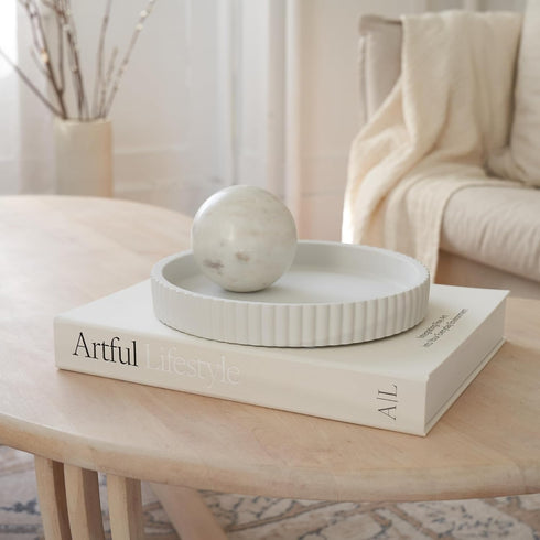Set Decorative Concrete Tray & Book Decor - Scalloped Tray & Linen Box Enhance Your Coffee Table or Bookshelf Decor