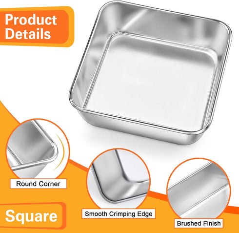 P&P CHEF 6 Inch Square Cake Baking Pans, 2 Pcs Stainless Steel Lasagna Brownie Pan for Small Birthday Cake, Leakproof