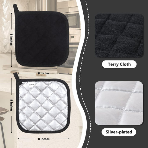 Joyhalo 4 Pack Black Pot Holders - Heat Resistant Terry Cloth Oven Hot Pads