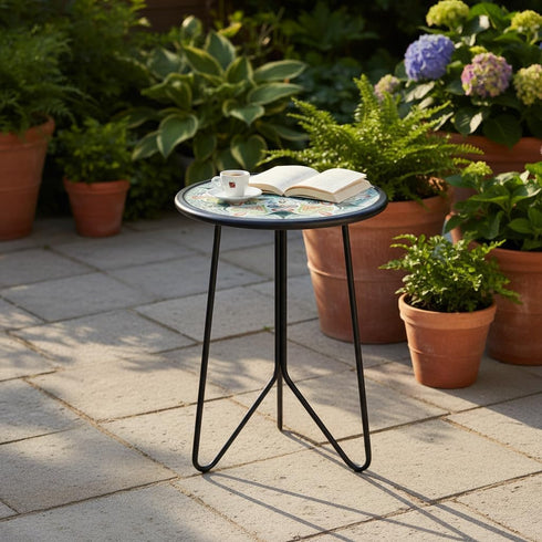 12" LIFFY Patio Side Table, Outdoor Metal Side Table with Glass Top, Indoor Round Accent End Table for Living Room