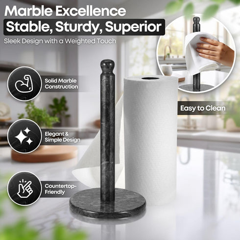 12 inch Countertop Flexzion Marble Paper Towel Holder (Black) - Kitchen Paper Towel Holder Stand Rack with Roll