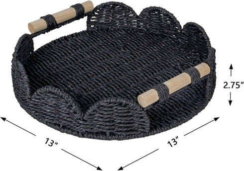 CubesLand Round Scalloped Decorative Centerpiece Tray for Coffee Table, Home Decor, Living Room - Black Tray w/Wooden