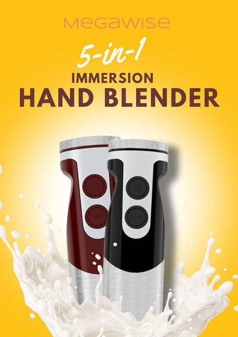 MegaWise Pro Titanium Reinforced 5 in1 Immersion Hand Blender, Powerful 1000W with 80% Sharper Blades, 12 Speed Corded Blender, Including 500ml Chopper, 600ml Beaker, Whisk and Milk Frother by MEGAWISE