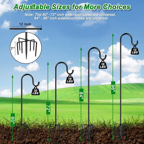 72" 7 2 Packs ANIDEER Shepherds Hooks for Outdoor, Heavy Duty Bird Feeder Pole with Base Prongs, Adjustable Garden
