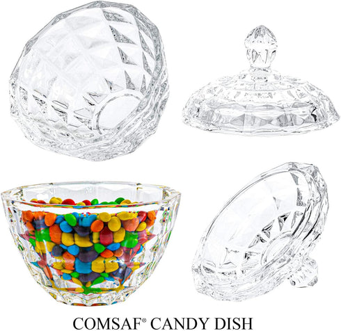 9fl.oz Set 2 ComSaf Crystal Glass Candy Dishes with Lids, of Mini Decorative Covered Candy Jars for Office Desk, Coffee