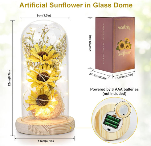 Sunflower Gifts for Women, Artificial Sunflowers in Glass Dome with LED Strip, Birthday Gifts for Mom & Grandma,