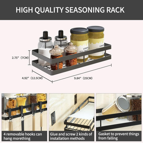 Spice Rack Organizer Wall Mount, 10" Hanging Black Spice Organizer Shelf, Farmhouse Seasoning Organizer for Kitchen