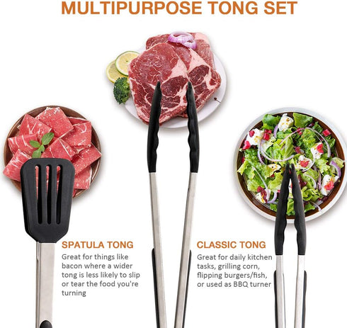 Alimat PluS Silicone Kitchen Tongs Set of 3, Cooking Tongs with Silicone Tips Including Spatula Tong(12Inch) for Easy Turning and 2 Basic Food Tongs(9Inch,12Inch) for Cooking, Grilling, Serving(Black) by Alimat PluS