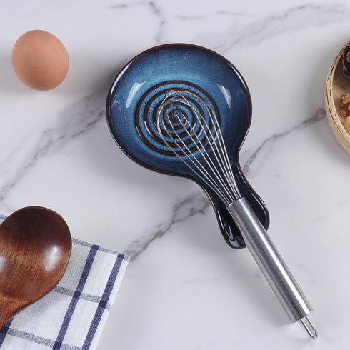 Blue Ceramic Spoon Rest for Kitchen, Heat Resistant Utensil Holder for Countertop, Dishwasher Safe, Cooking Spoon Holder