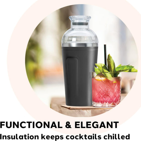 OGGI Groove Insulated Cocktail Shaker, 17oz Double Wall Vacuum Insulated Stainless Steel Mixer with Built-In Strainer