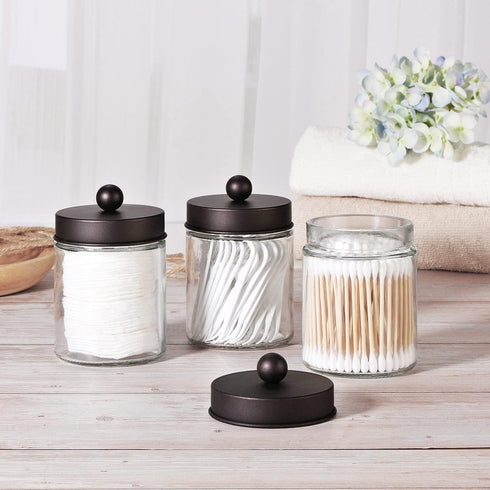 Apothecary Jar Canisters for Bathroom Vanity, Qtip Holder Storage Organizer with Stainless Steel Lids & Cute Stickers,