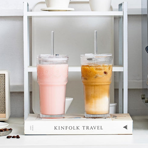 20oz Set 4 SoulTimes Ribbed & Floral Glass Tumbler of Reusable Glass Cups with Lid and Glass Straw, To-Go Iced Coffee