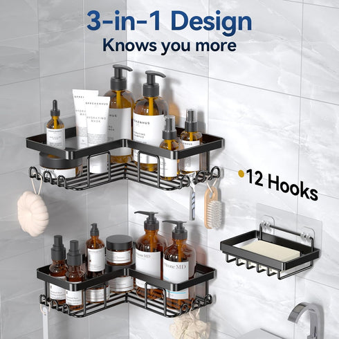 12 3-Pack YASONIC Corner Adhesive Shower Caddy, with Soap Holder and Hooks, Rustproof Stainless Steel Bathroom