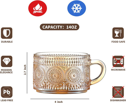 Gezzeny 14 Oz Set 2 Vintage Coffee Mugs of Amber Embossed Glass Tea Cups for Cappccino, Latte,Cereal, Yogurt, Beverage