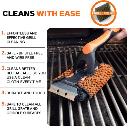 Set Proud Grill Q-Swiper XL Scrub-Clean BBQ Grill Cleaner - Long Bristle-Free Brush with Scraper & Scrub-Clean Reusable