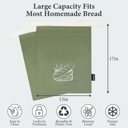 2 Pack 100% Washable Sourdough Bread Bags for Homemade Bread - Cotton Canvas with Detachable Beeswax Liner & TPU
