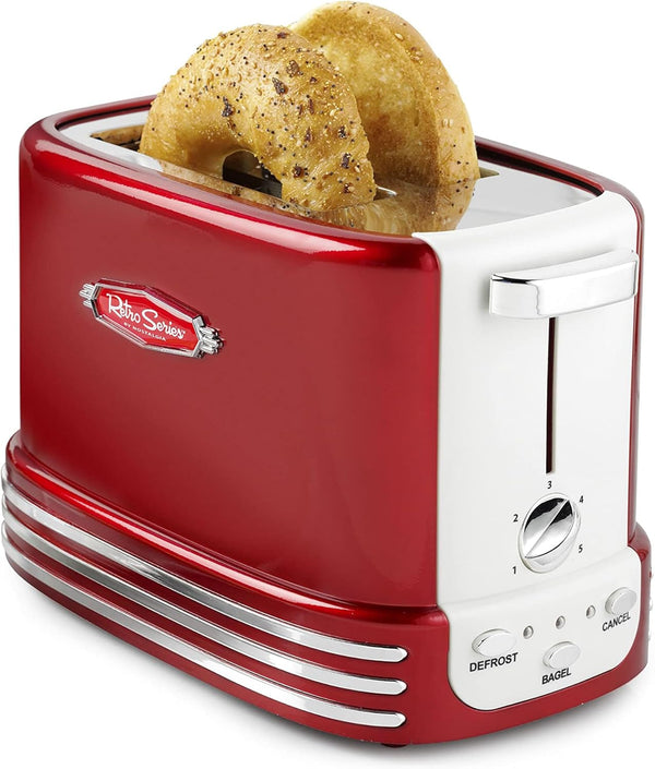 Nostalgia Retro Wide 2-Slice Toaster, Vintage Design, Crumb Tray, Cord Storage, 5 Toasting Levels, Red