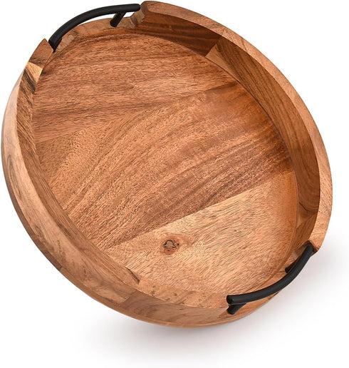 Mahasu Counter (12" 12" 1.6") Tray Acacia Wood Round Serving Tray with Iron Handles for Coffee Table Decor Centerpiece