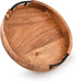 Mahasu Counter (12" 12" 1.6") Tray Acacia Wood Round Serving Tray with Iron Handles for Coffee Table Decor Centerpiece