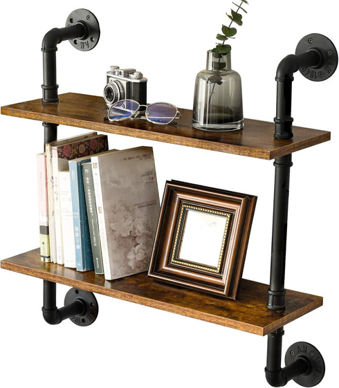 IBUYKE 26" Pipe Floating Shelves, 2-Tiers Industrial Wall Mount Bookshelf, Metal Bracket Storage Shelf for Home