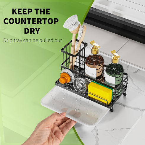 Cisily Kitchen Sink Caddy Organizer, Rustproof Non-Slip Soap Dish Dispenser Brush, Matte Black