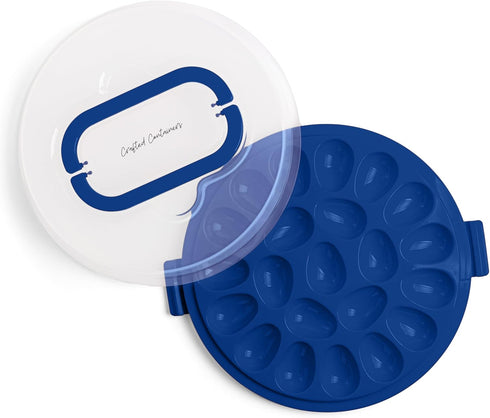 Crafted Containers 22-Count Deviled Egg Carrier with Lid & Handles, Portable Tray, Dishwasher-Safe Blue