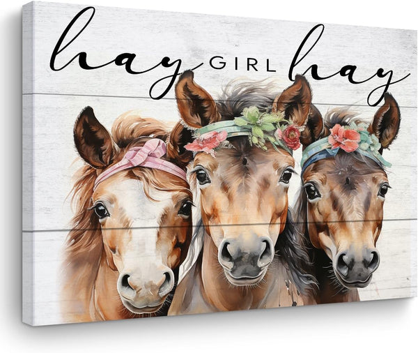 Vintage Country Farmhouse Horse Decor, Canvas Wall Art, Framed Poster Artwork, 15" x 11.4" for Home Bathroom Kitchen