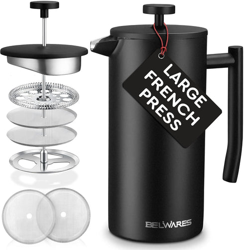 Belwares French Press Coffee Maker 50 OZ - Large Insulated Stainless Steel 304 Coffee Press with Double Wall